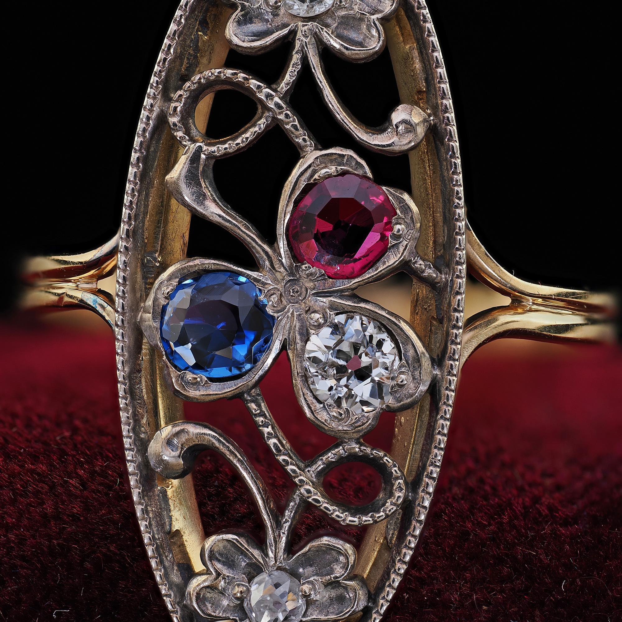 Antique Victorian 14K Yellow Gold Silver Top Old Cut Diamond Ruby Sapphire Ring For Sale 1