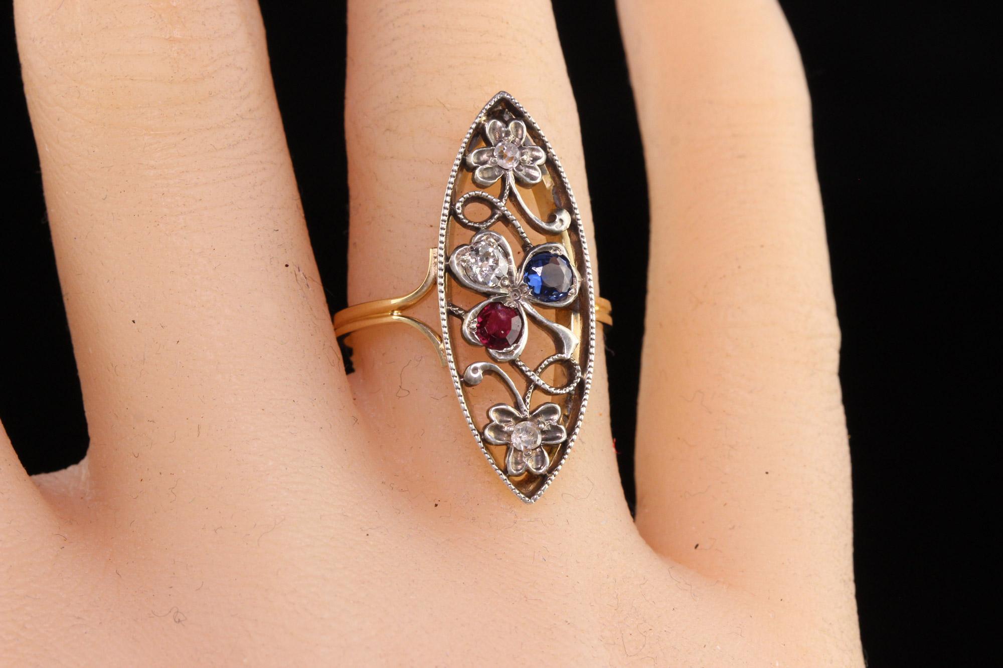 Antique Victorian 14k Yellow Gold Silver Top Old Cut Diamond Ruby Sapphire Ring For Sale 2