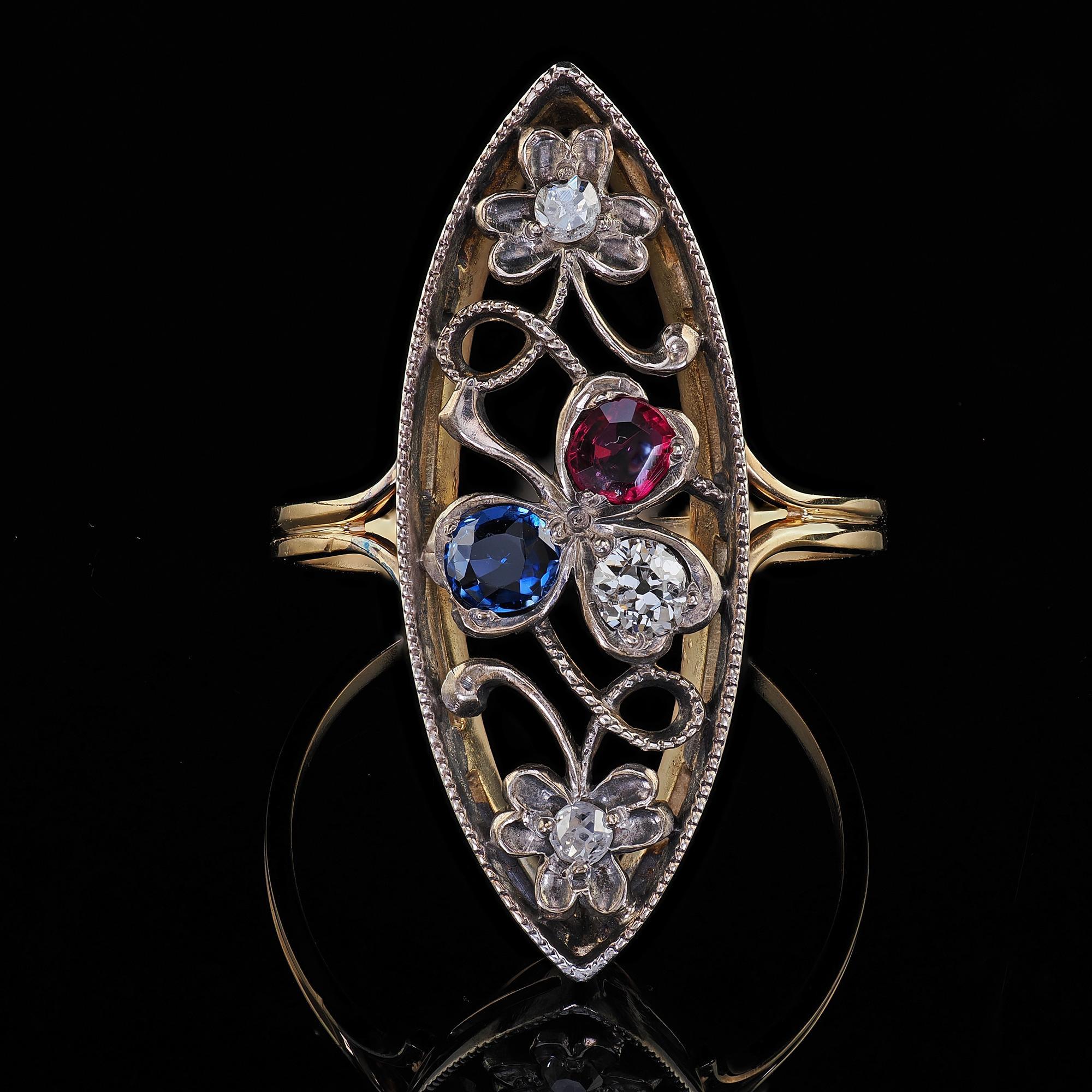 Antique Victorian 14K Yellow Gold Silver Top Old Cut Diamond Ruby Sapphire Ring For Sale 2