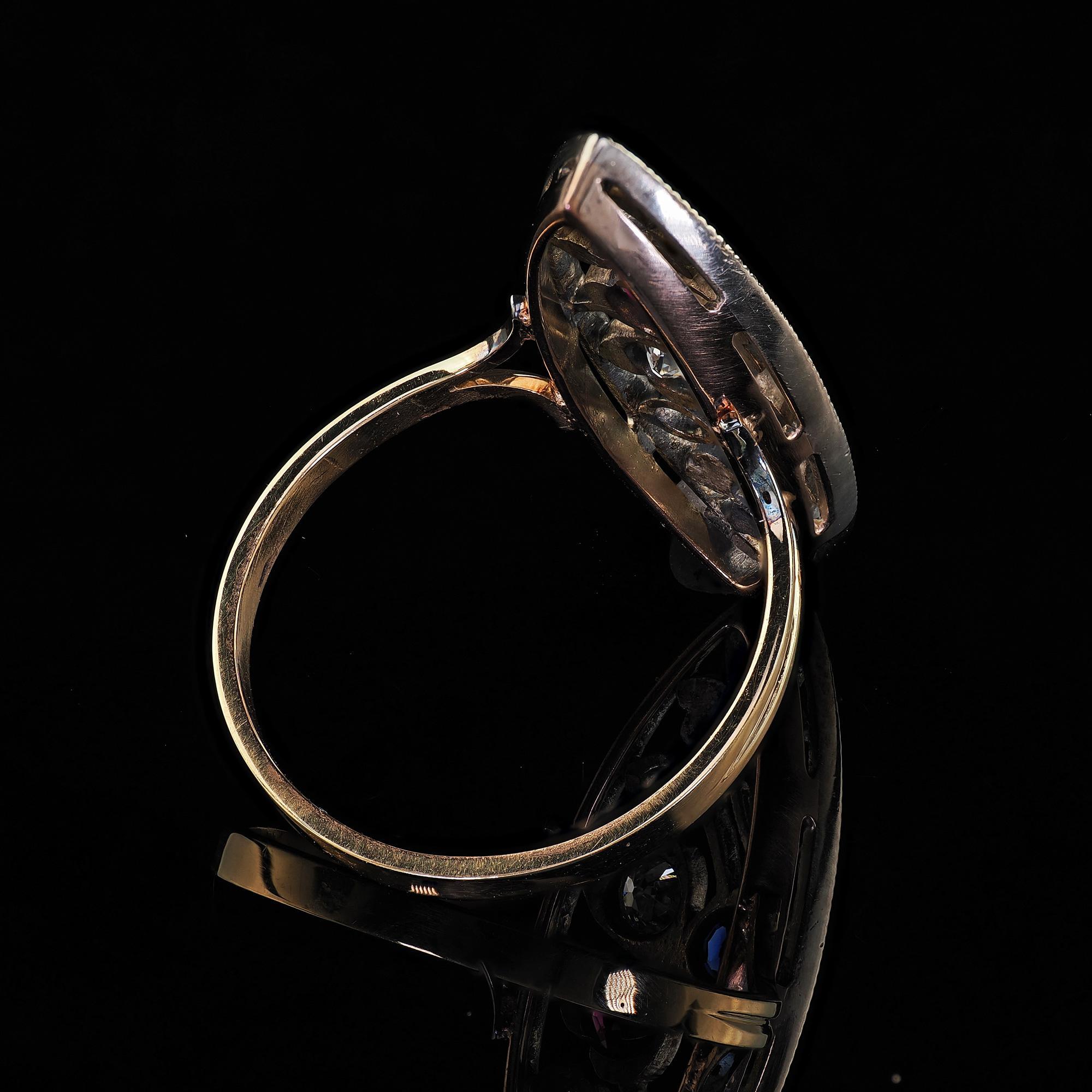 Antique Victorian 14K Yellow Gold Silver Top Old Cut Diamond Ruby Sapphire Ring For Sale 3