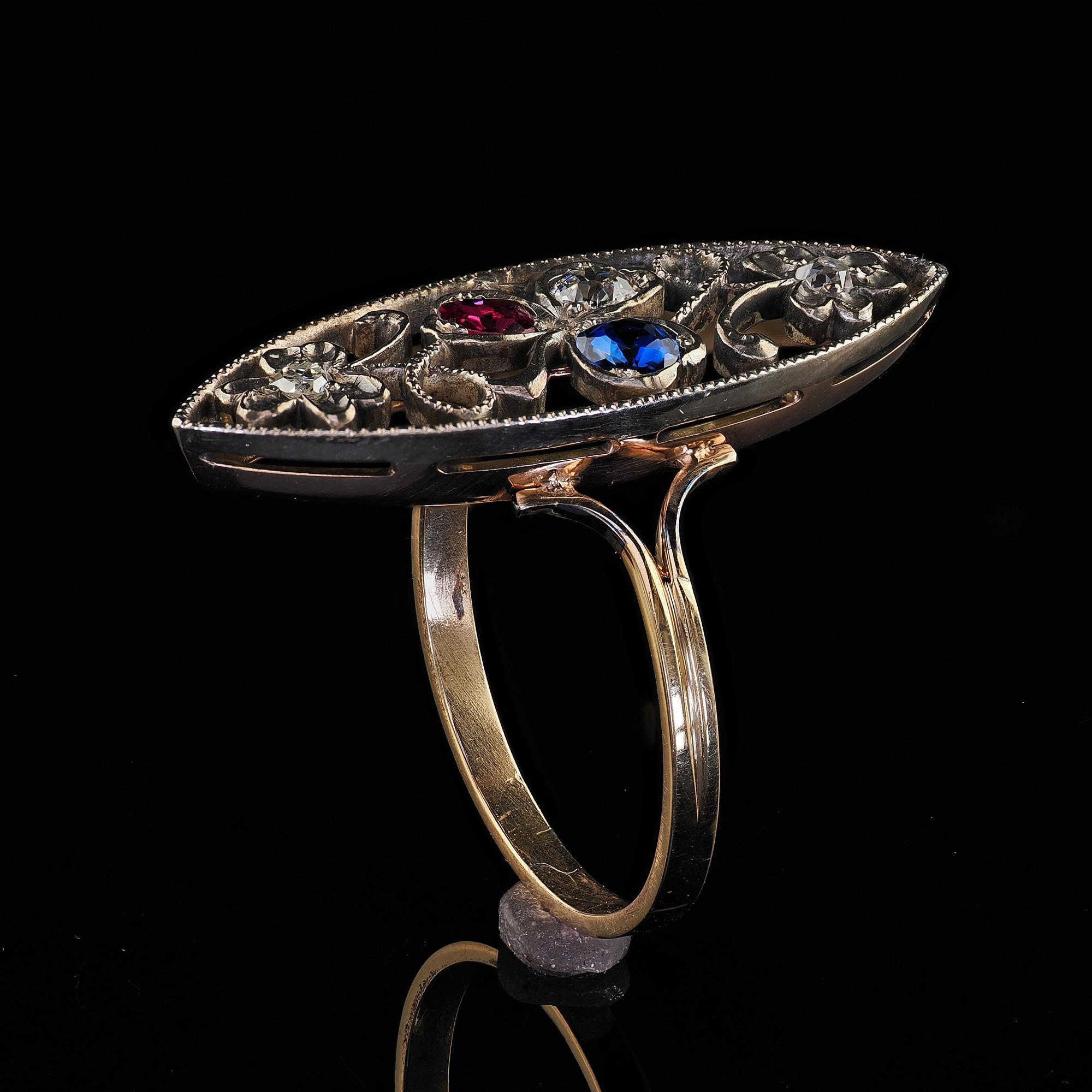 Antique Victorian 14K Yellow Gold Silver Top Old Cut Diamond Ruby Sapphire Ring For Sale 4