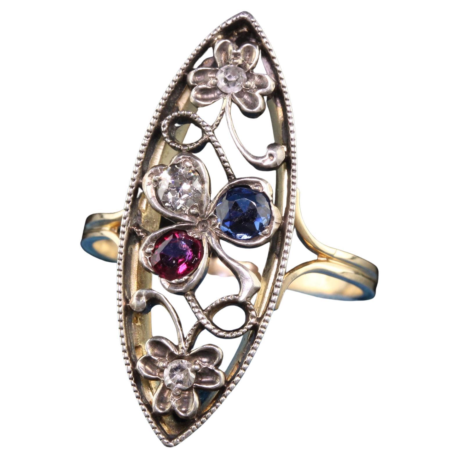 Antique Victorian 14k Yellow Gold Silver Top Old Cut Diamond Ruby Sapphire Ring