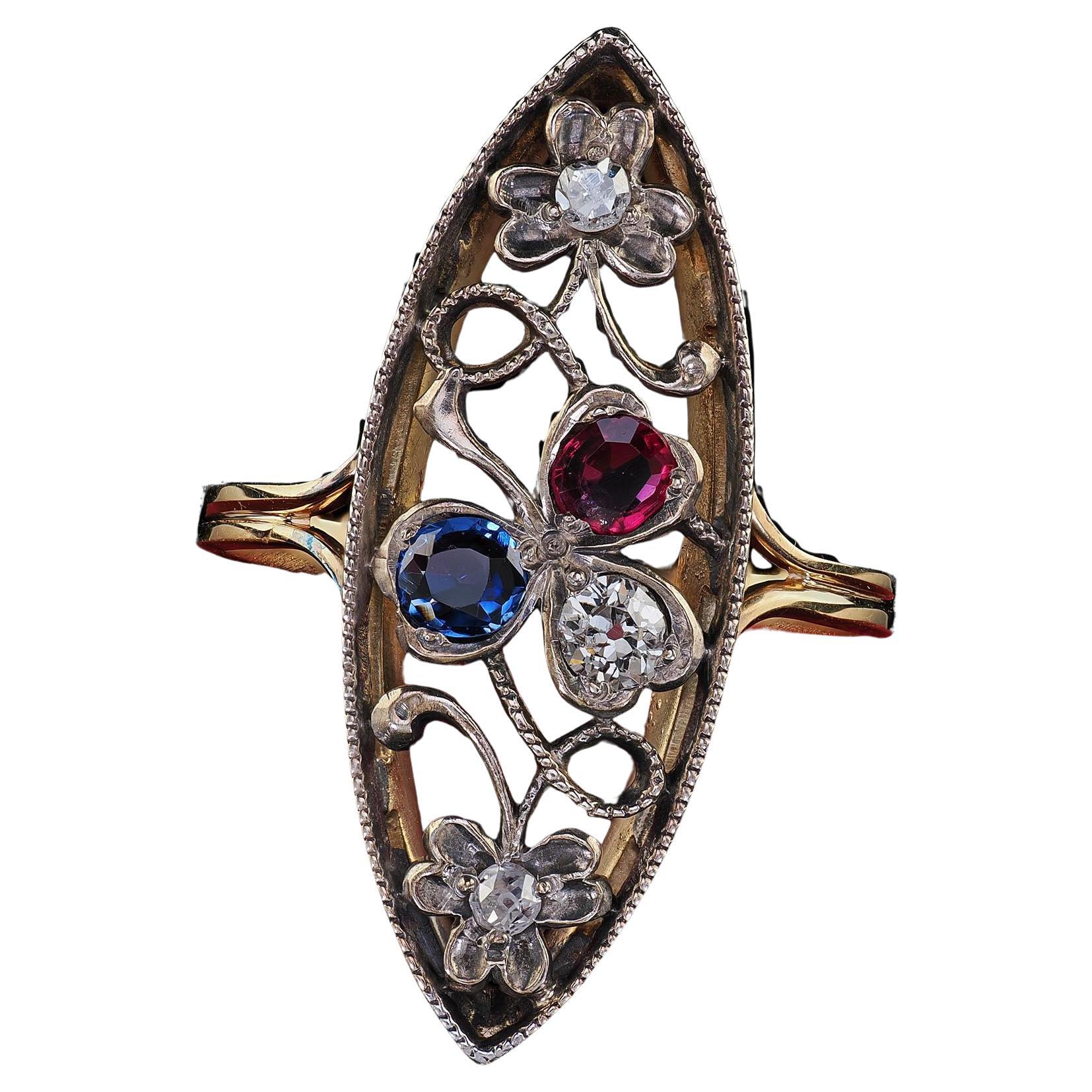 Bague victorienne ancienne en or jaune 14 carats avec diamants, rubis et saphirs taille ancienne