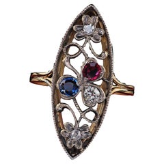 Antique Victorian 14K Yellow Gold Silver Top Old Cut Diamond Ruby Sapphire Ring
