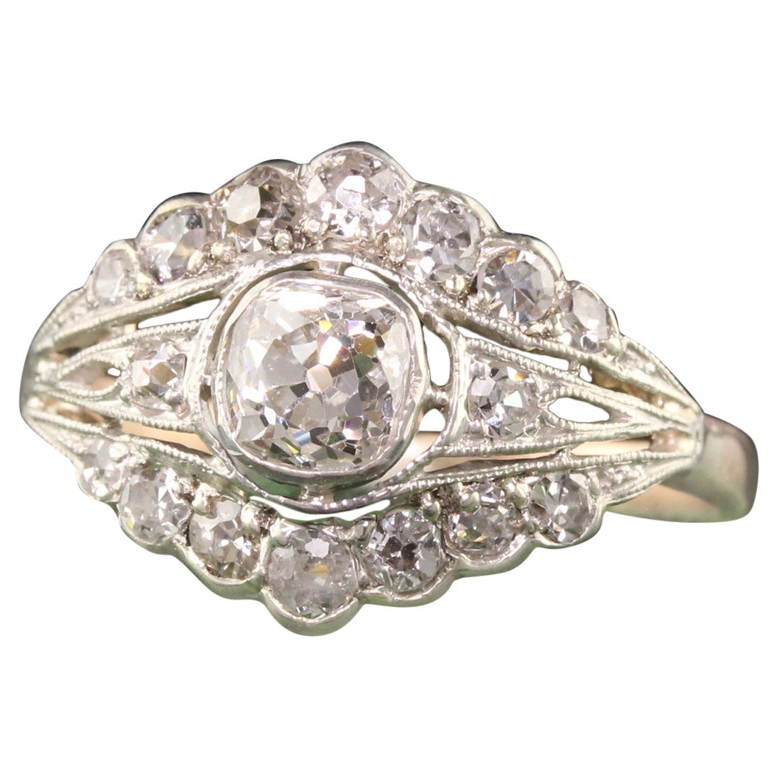 Antiker viktorianischer Verlobungsring, 14 Karat Gelbgold Silber Top Old Mine Diamant