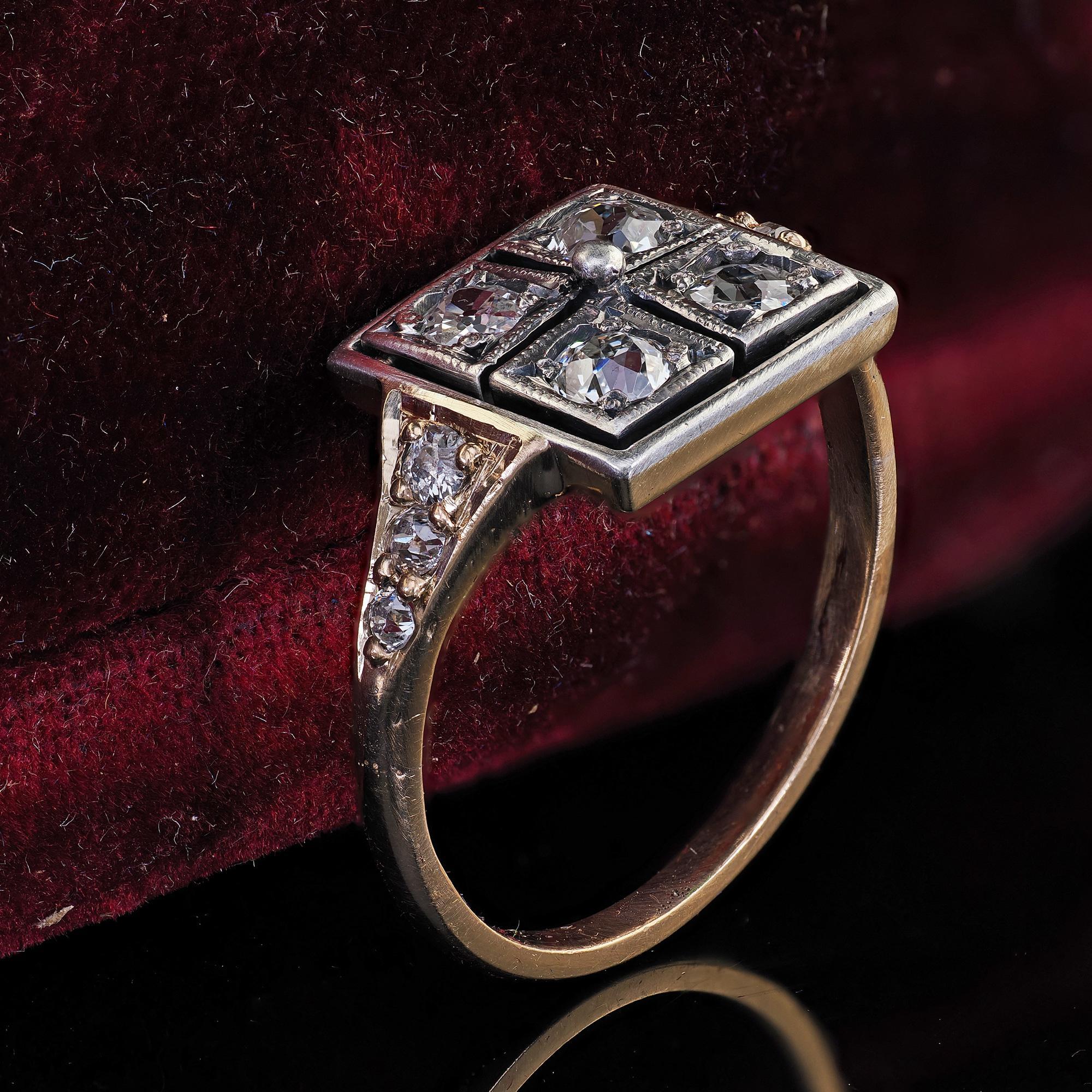 Old Mine Cut Antique Victorian 14K Yellow Gold Silver Top Old Mine Diamond Ring For Sale