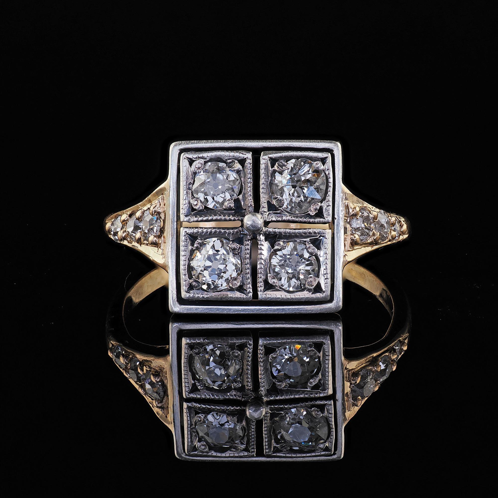 Antique Victorian 14K Yellow Gold Silver Top Old Mine Diamond Ring For Sale 2