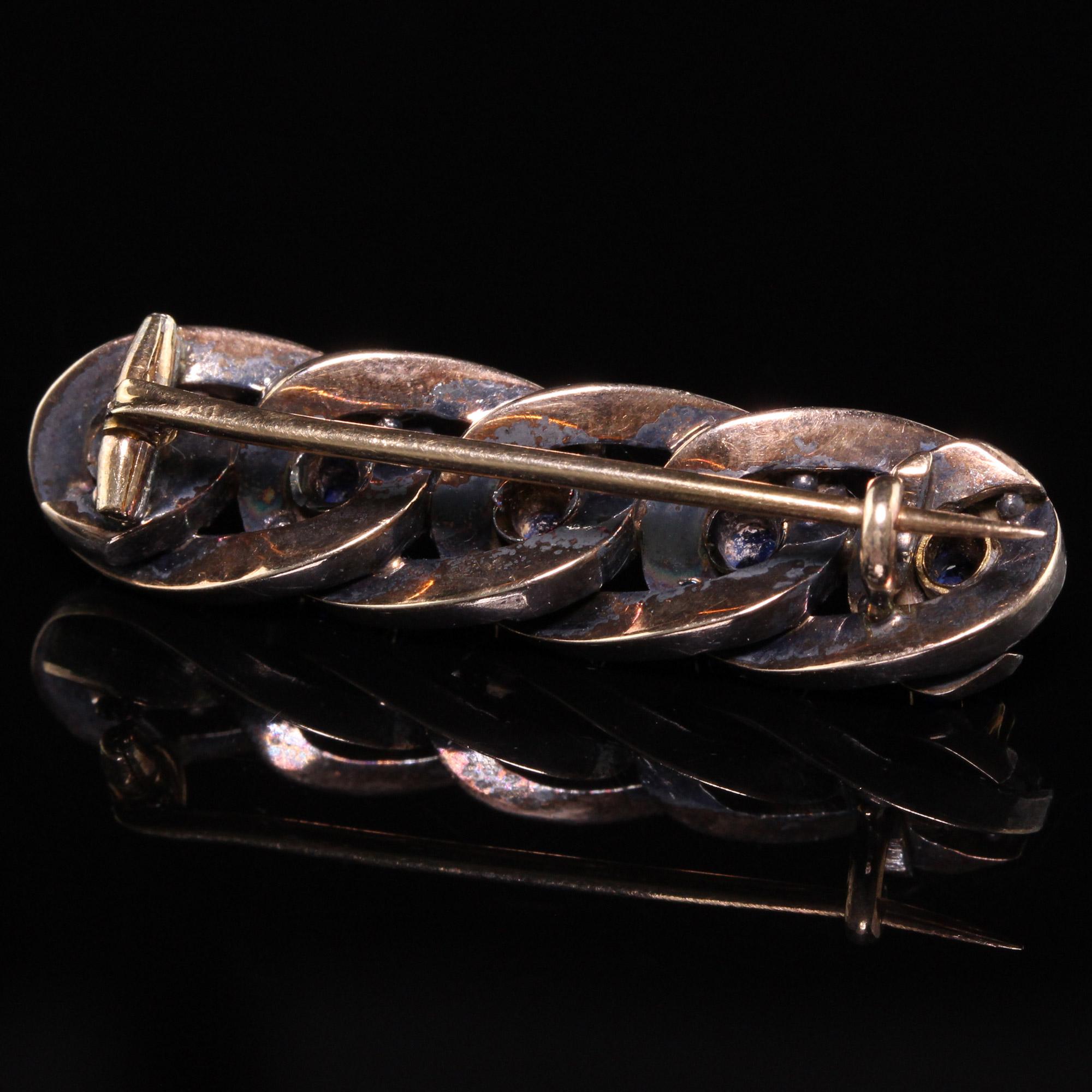 Antike viktorianische Anstecknadel, 14 Karat Gelbgold Silber Top Rose Cut Diamant und Saphir im Zustand „Gut“ im Angebot in Great Neck, NY