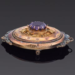 Antique Victorian 14K Yellow Gold Sterling Silver Amethyst Locket Brooch Pendant