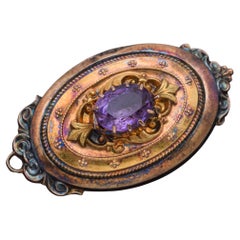 Antique Victorian 14K Yellow Gold Sterling Silver Amethyst Locket Brooch Pendant