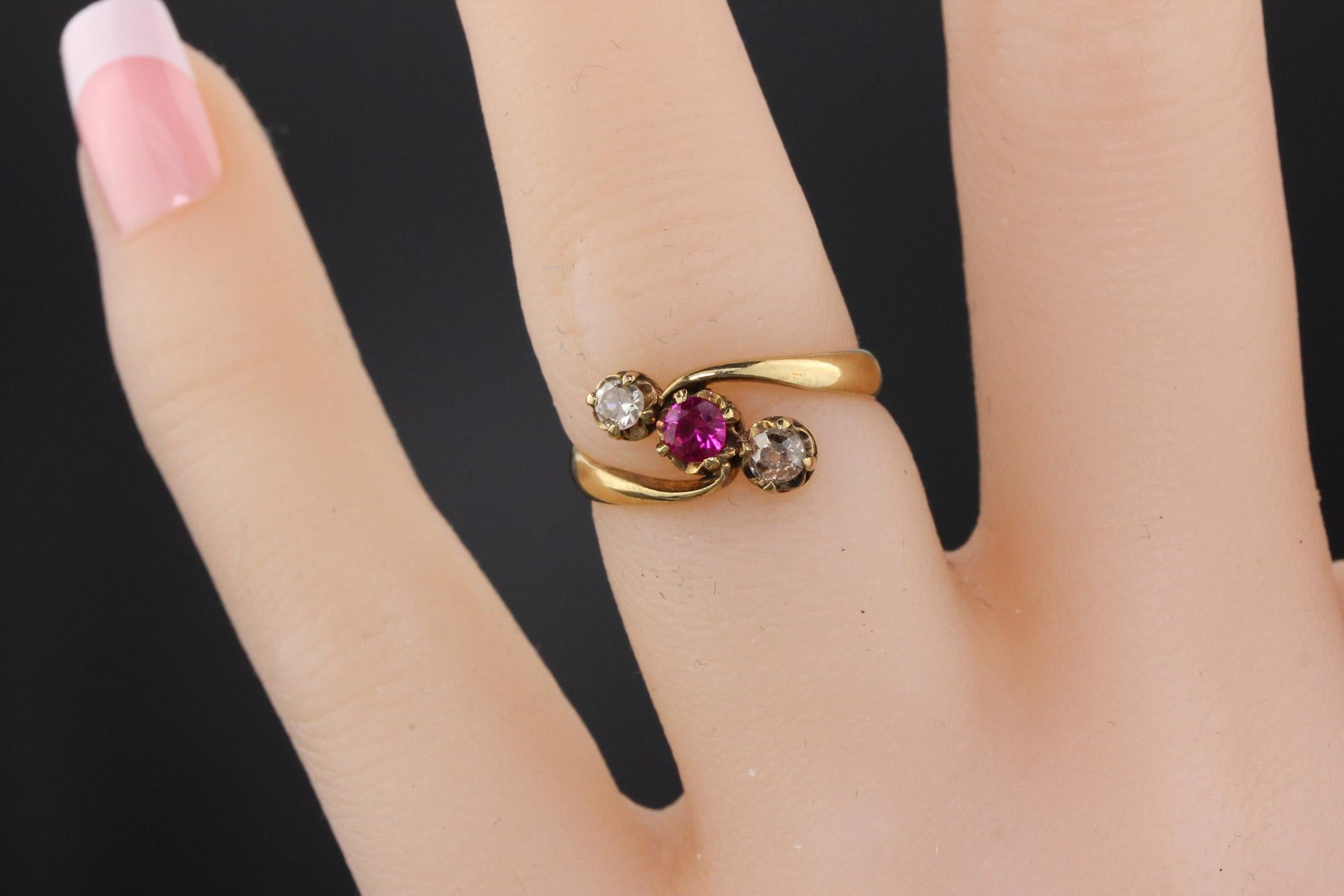 Old European Cut Antique Victorian 14 Karat Yellow Gold Synthetic Ruby and Diamond 3-Stone Ring For Sale