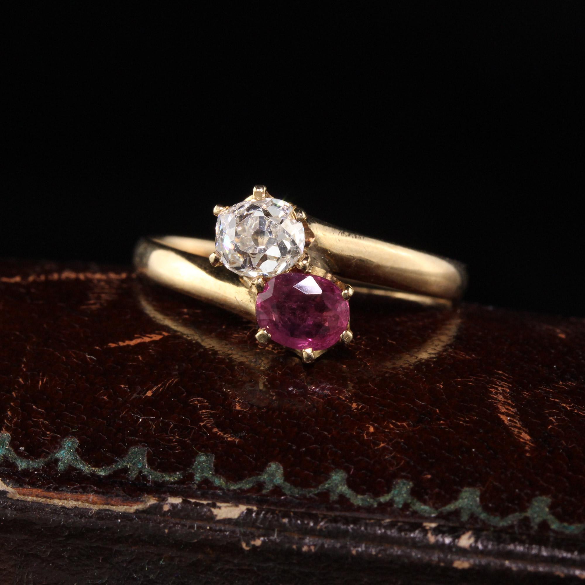 Stunning Toi Et Moi ring with a chunky 0.65 CT Old Mine Cut diamond and a .50 CT Ruby

#R0434

Metal: 14K Yellow Gold 

Weight: 2.4 Grams 

Diamond Weight: Approximately 0.65 CTS

Diamond Color: H

Diamond Clarity: VS2

Ruby Weight: Approximately