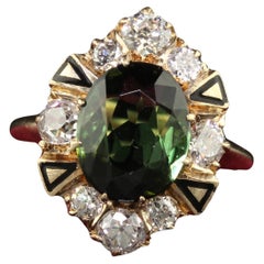 Antique Victorian 14K Yellow Gold Tourmaline and Diamond Cocktail Ring