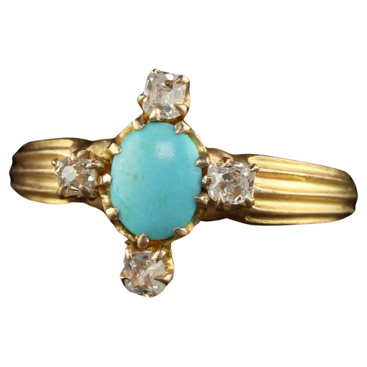 Antique Victorian 14K Yellow Gold Turquoise and Diamond Engagement Ring For Sale