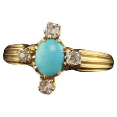 Bague de fiançailles victorienne ancienne en or jaune 14 carats avec turquoise et diamants