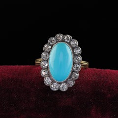 Antique Victorian 14K Yellow Gold Turquoise and Old Mine Diamond Halo Ring