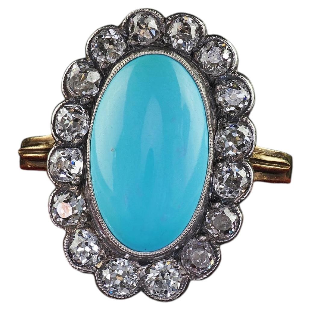 Antique Victorian 14K Yellow Gold Turquoise and Old Mine Diamond Halo Ring