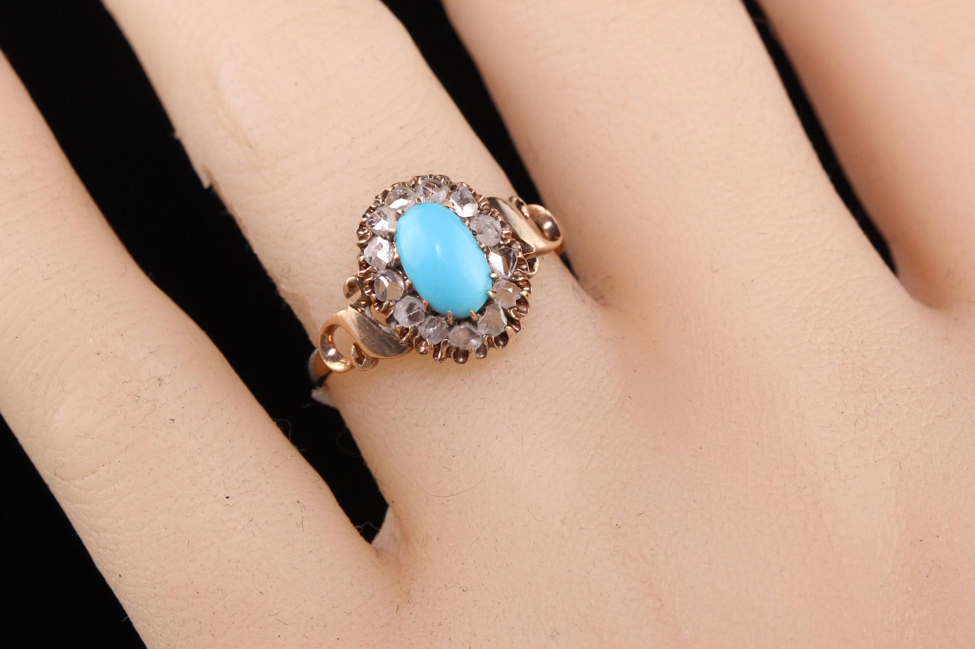 Women's Antique Victorian 14K Yellow Gold Turquoise and Rose Cut Diamond Engagement Ring