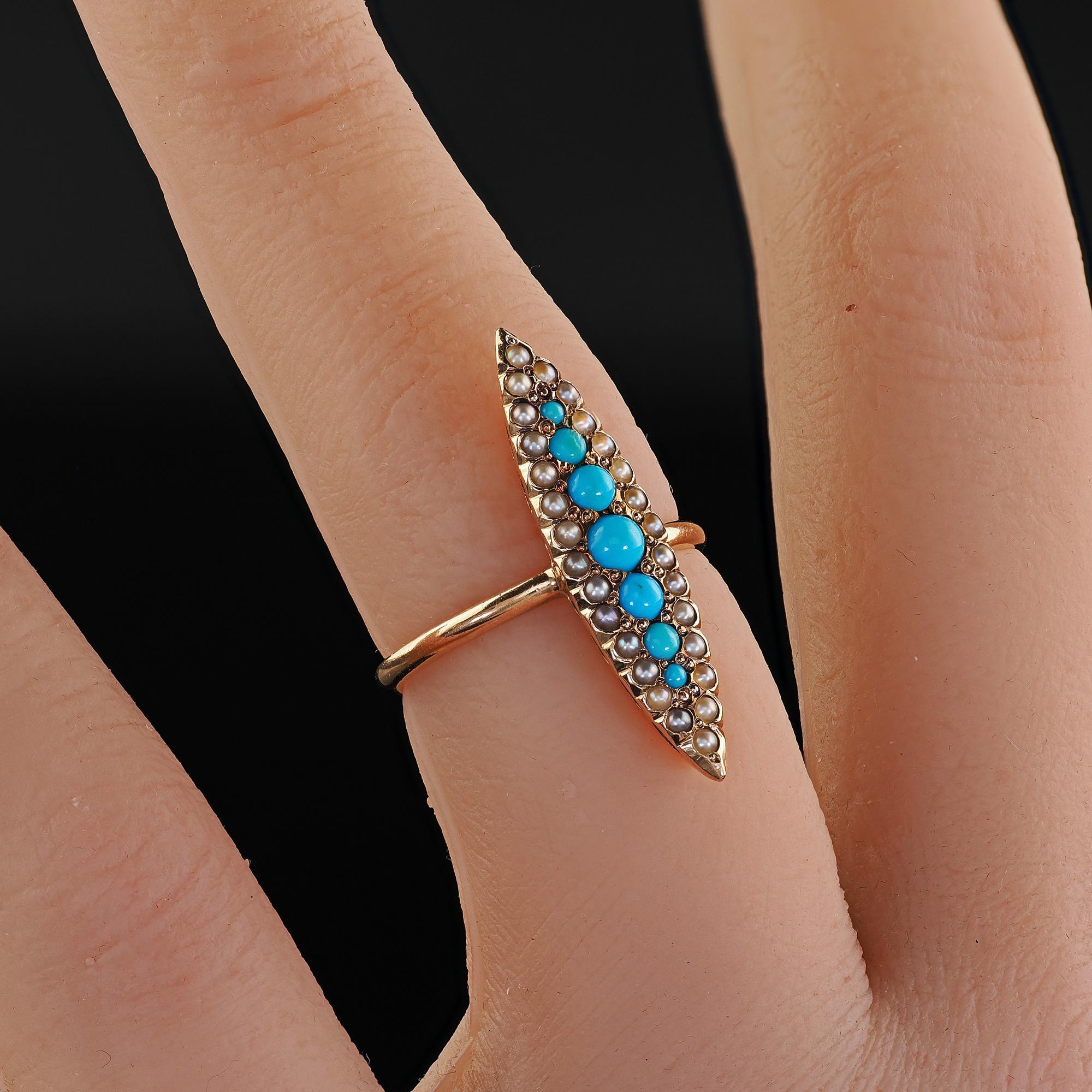 Antico anello vittoriano in oro giallo 14K con turchese e perle di seme Navette in vendita 4