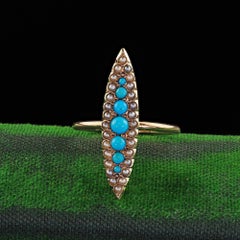 Antique Victorian 14K Yellow Gold Turquoise and Seed Pearl Navette Ring