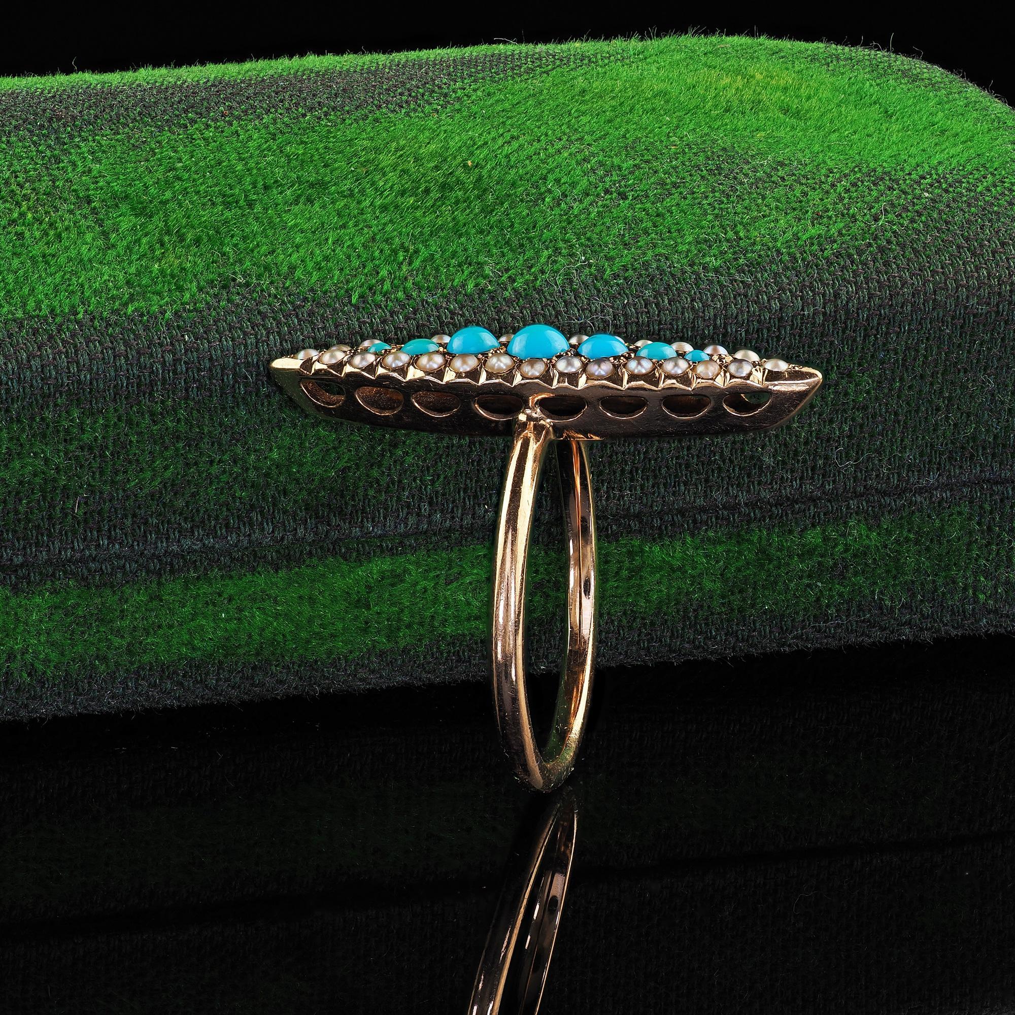 Vittoriano Antico anello vittoriano in oro giallo 14K con turchese e perle di seme Navette in vendita