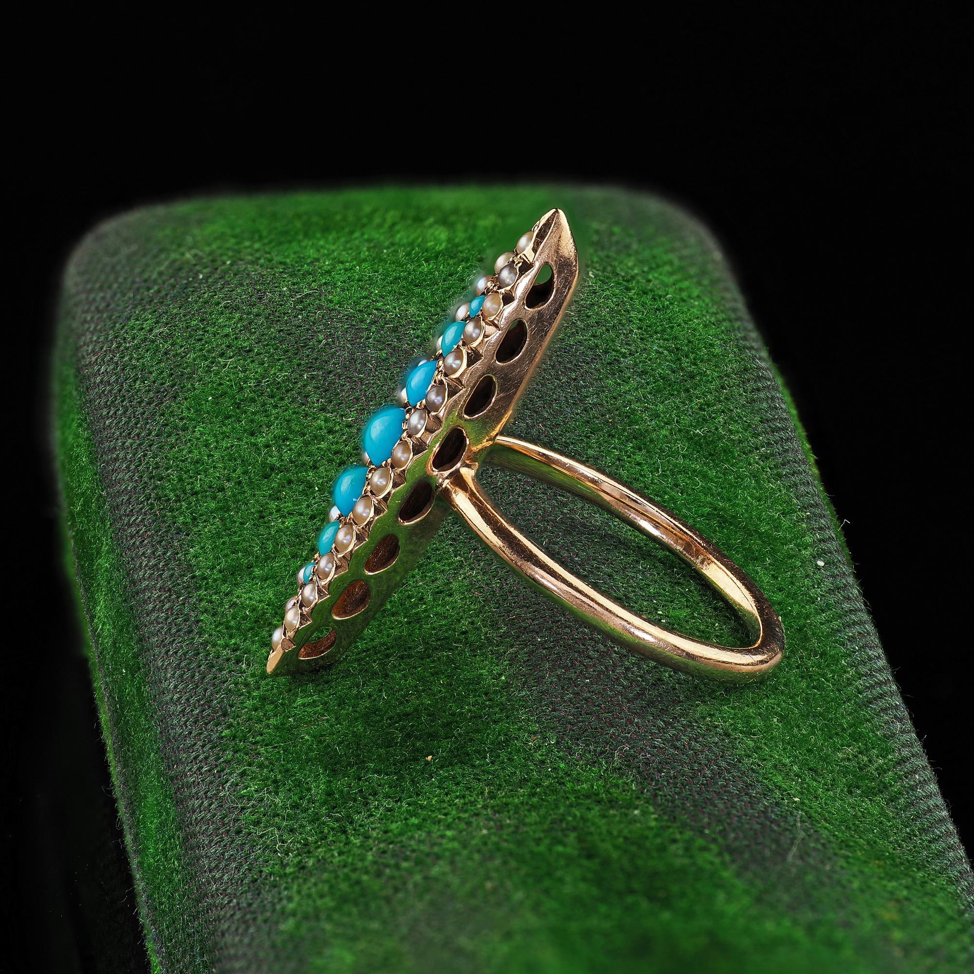 Antico anello vittoriano in oro giallo 14K con turchese e perle di seme Navette In condizioni buone in vendita a Great Neck, NY