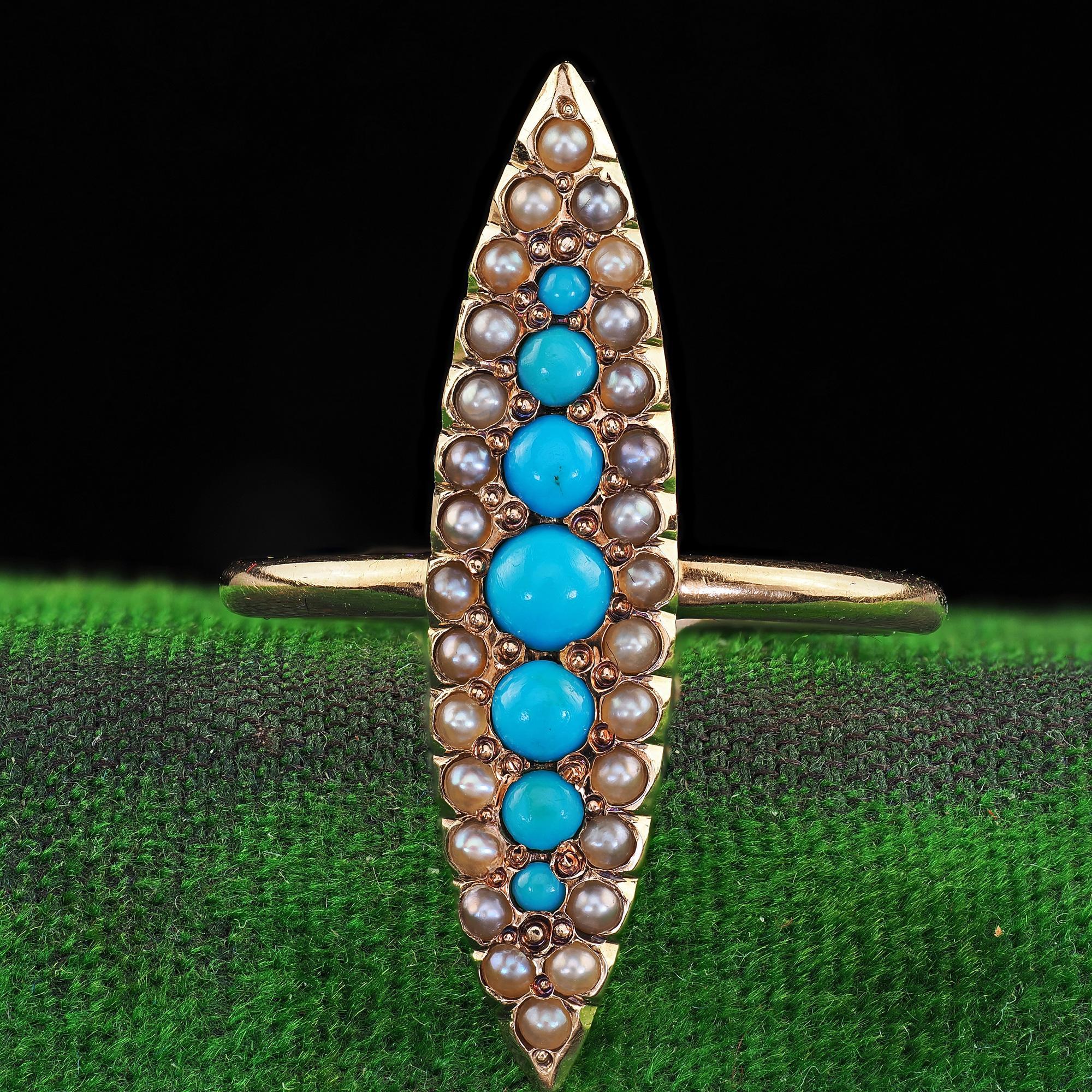 Donna Antico anello vittoriano in oro giallo 14K con turchese e perle di seme Navette in vendita