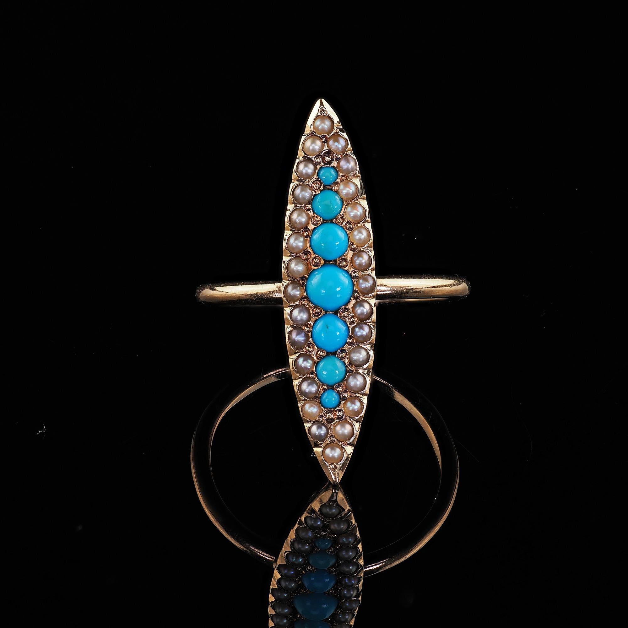 Antico anello vittoriano in oro giallo 14K con turchese e perle di seme Navette in vendita 1