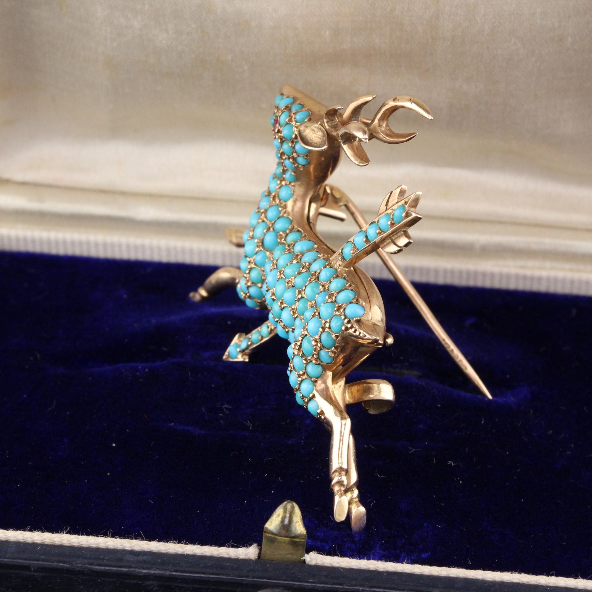 Antique Victorian 14 Karat Yellow Gold and Turquoise Deer Brooch In Good Condition In Great Neck, NY