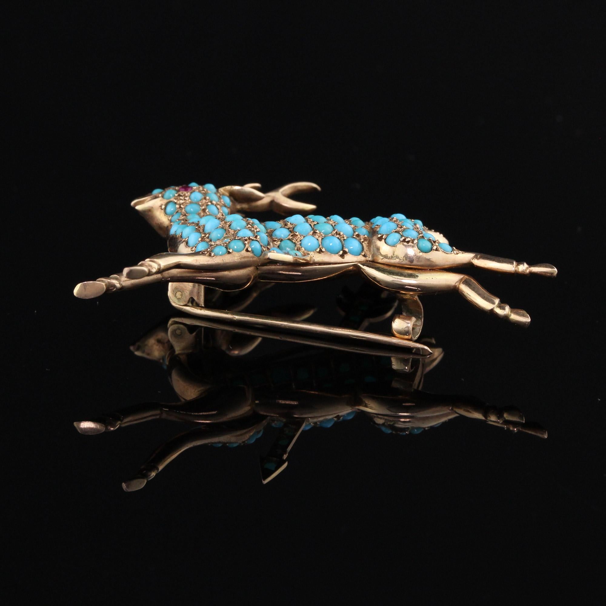 Women's or Men's Antique Victorian 14 Karat Yellow Gold and Turquoise Deer Brooch