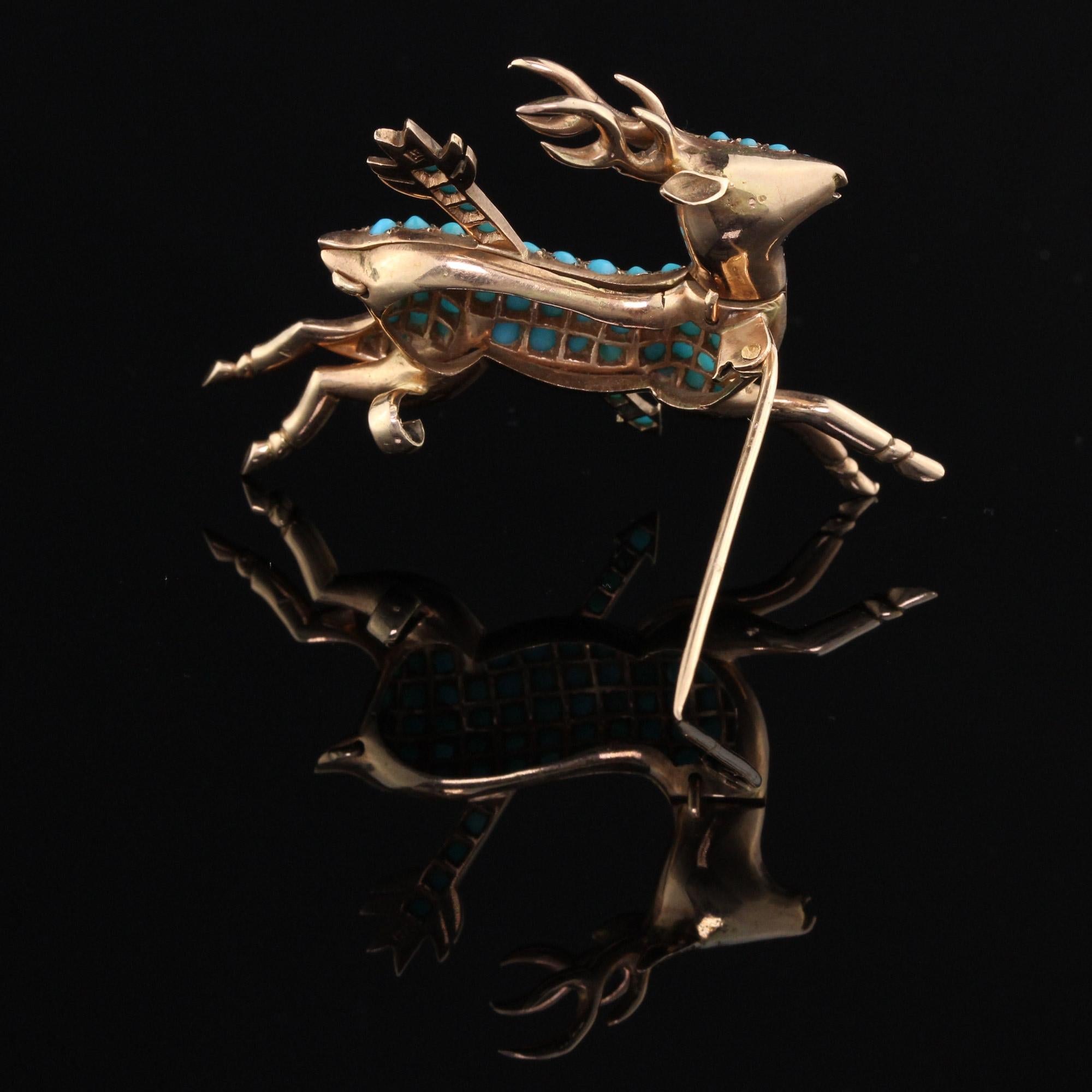 Antique Victorian 14 Karat Yellow Gold and Turquoise Deer Brooch 1