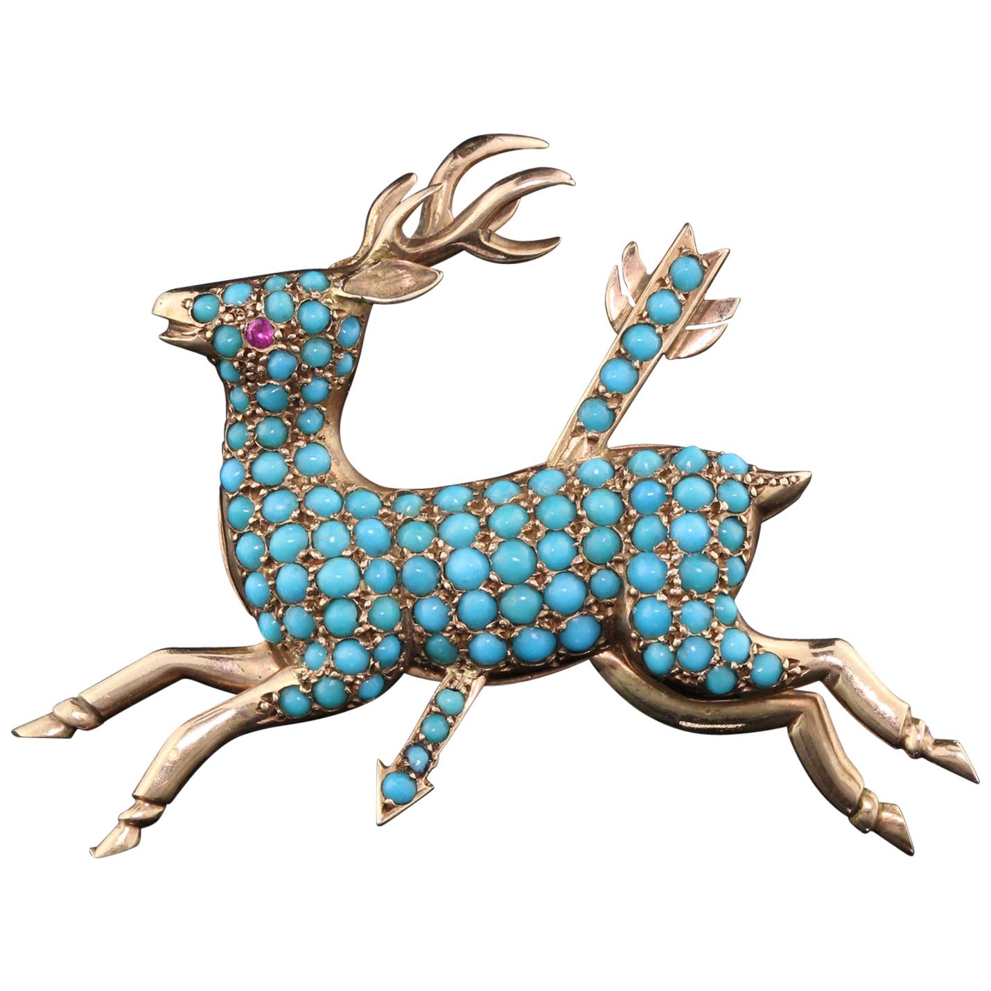 Antique Victorian 14 Karat Yellow Gold and Turquoise Deer Brooch