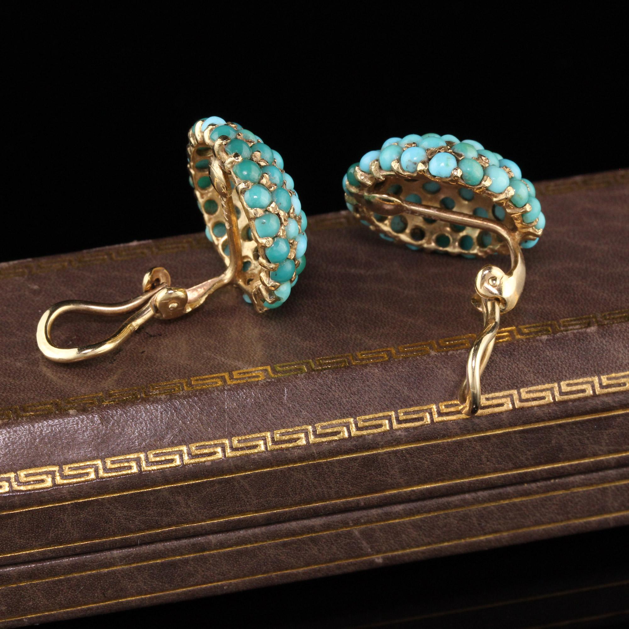Gorgeous Vintage earrings with turquoise stones all over.

Item #E0017

Metal: 14K Yellow Gold

Weight: 8.9 Grams

Measurements: 18.6 x 19.1 mm