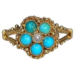 Antique Victorian 14 Karat Yellow Gold Turquoise Pearl Flower Ring