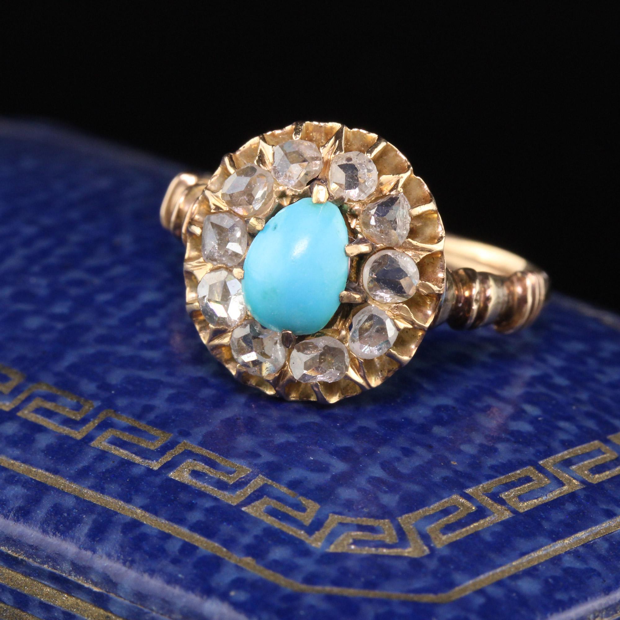 Stunning Victorian Turquoise cluster ring with a halo of beautiful rose cut diamonds. The center turquoise is egg-shaped which gives it a really unique look. The diamonds have gorgeous sparkle! This ring has a great finger-coverage.

#R0281

Metal: