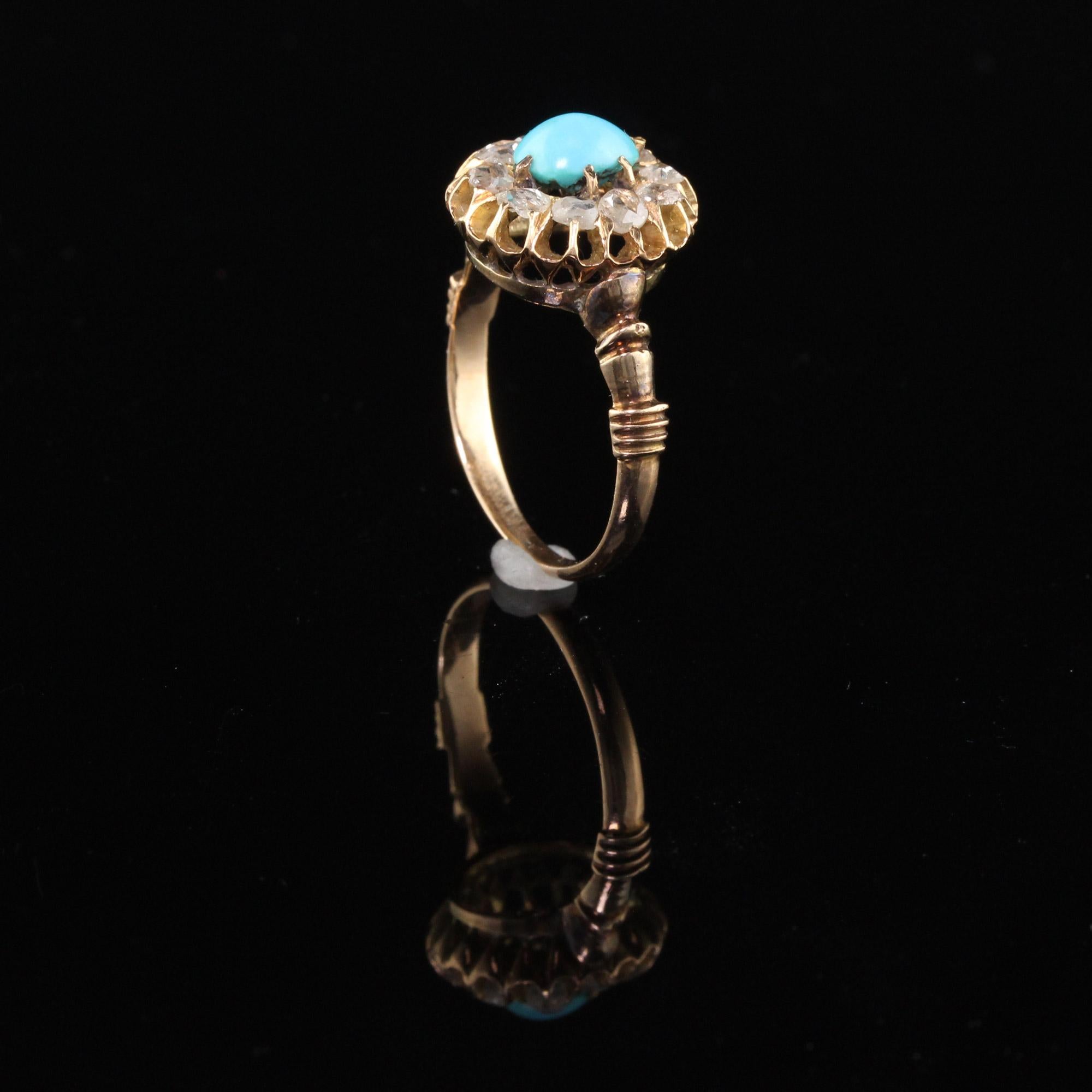 Round Cut Antique Victorian 14 Karat Gold Turquoise and Rose Cut Diamond Cluster Ring