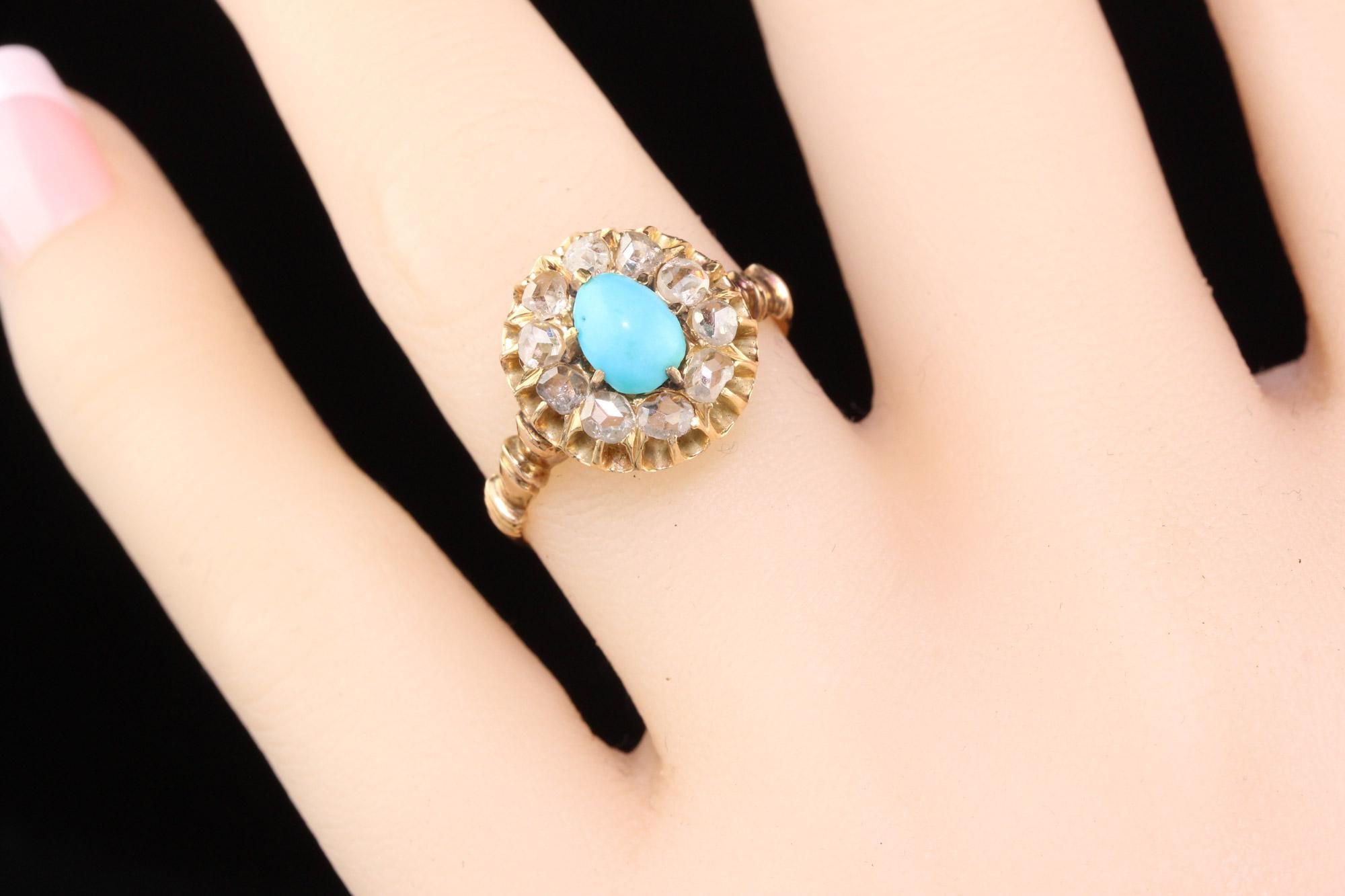 Women's Antique Victorian 14 Karat Gold Turquoise and Rose Cut Diamond Cluster Ring