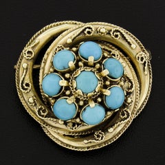 Antique Victorian 14k Yellow Gold Turquoise Textured Infinity Knot Pin Brooch