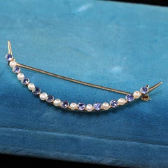 Antique Victorian 14K Yellow Gold Yogo Gulch Sapphire Pearl Crescent Pin