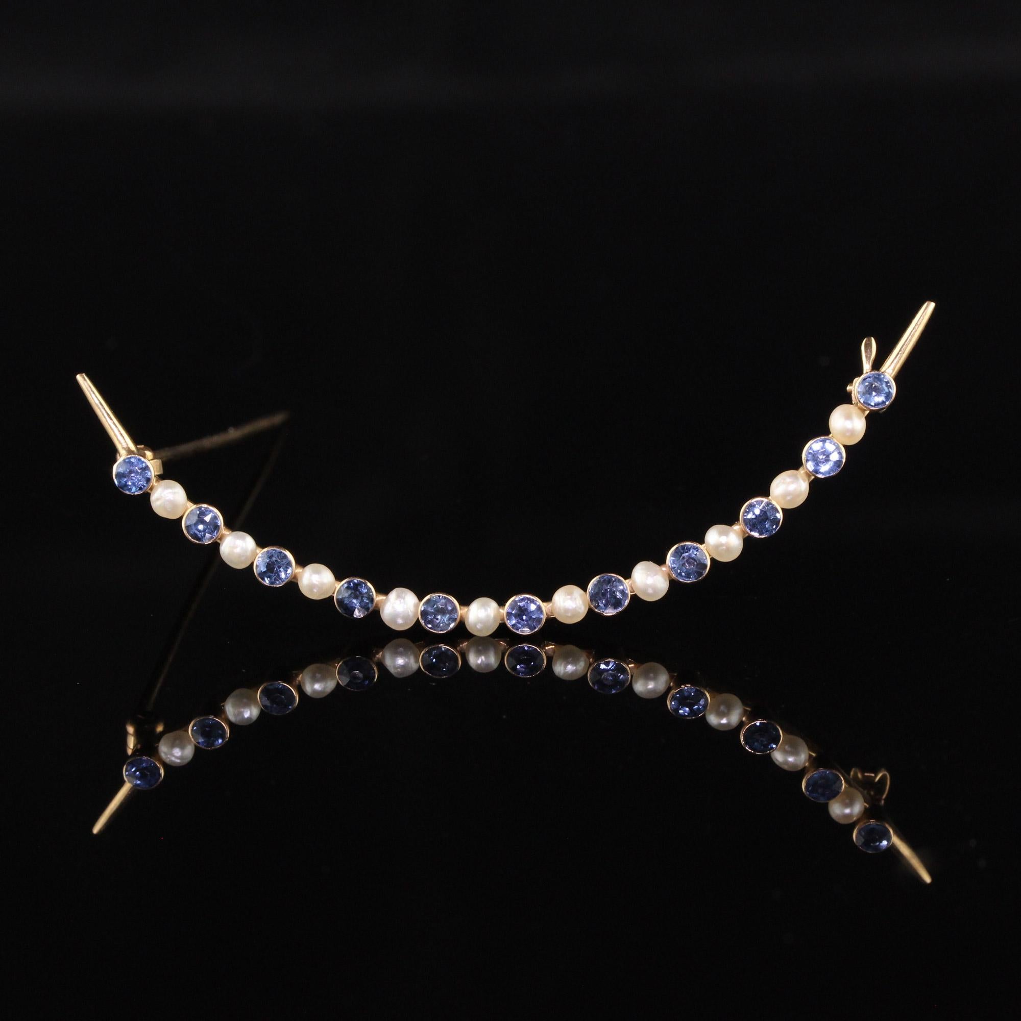 Antique Victorian 14K Yellow Gold Yogo Gulch Sapphire Pearl Crescent Pin In Good Condition In Great Neck, NY