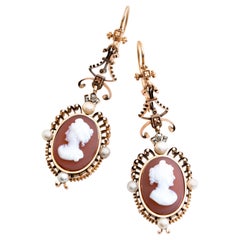 Antique Victorian 14 Karat Cameo Pearl and Diamond Dangle Filgree Earrings