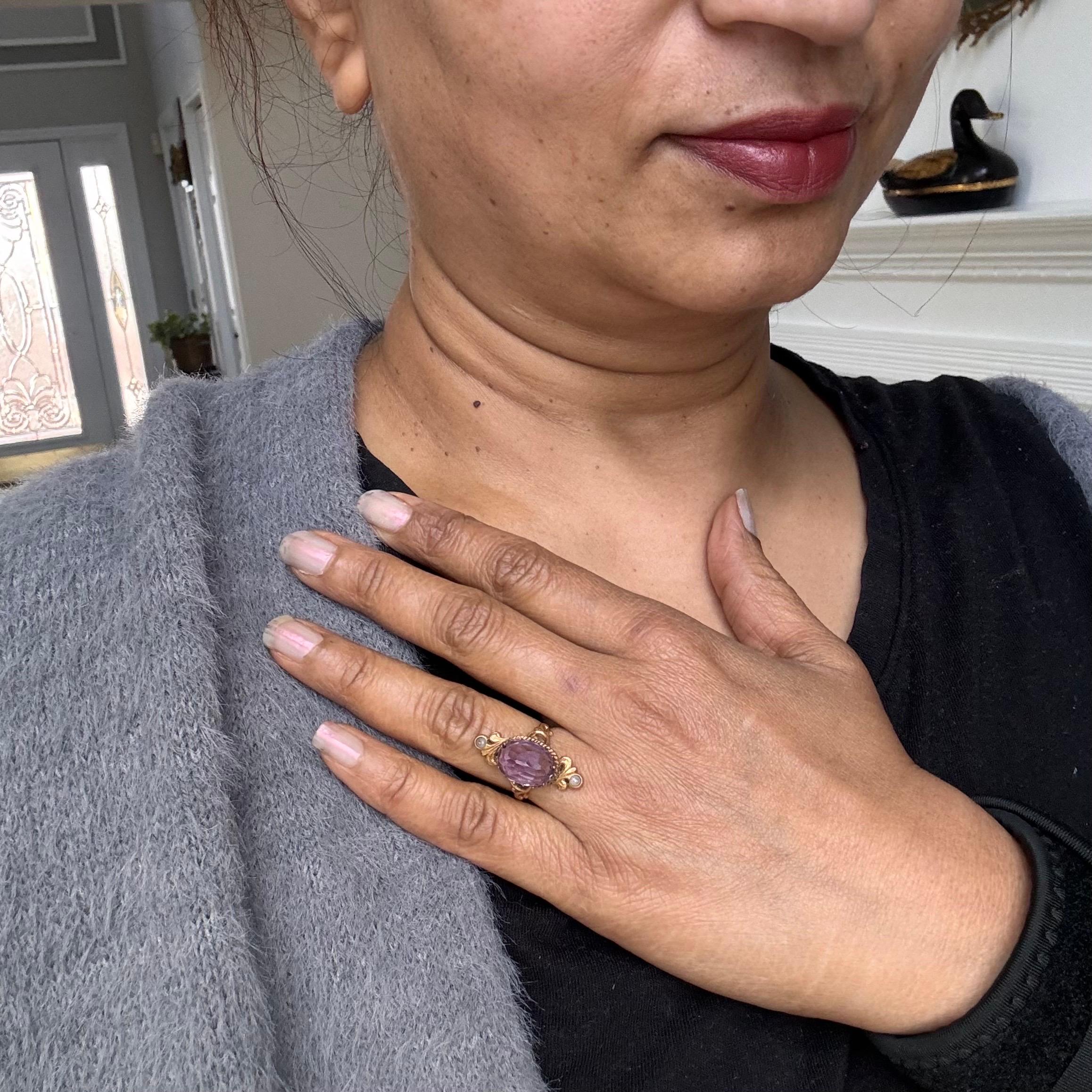 Antique Victorian 14kt Gold Amethyst & Seed Pearl Ring, Size 6 For Sale 8