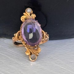 Antique Victorian 14kt Gold Amethyst & Seed Pearl Ring, Size 6