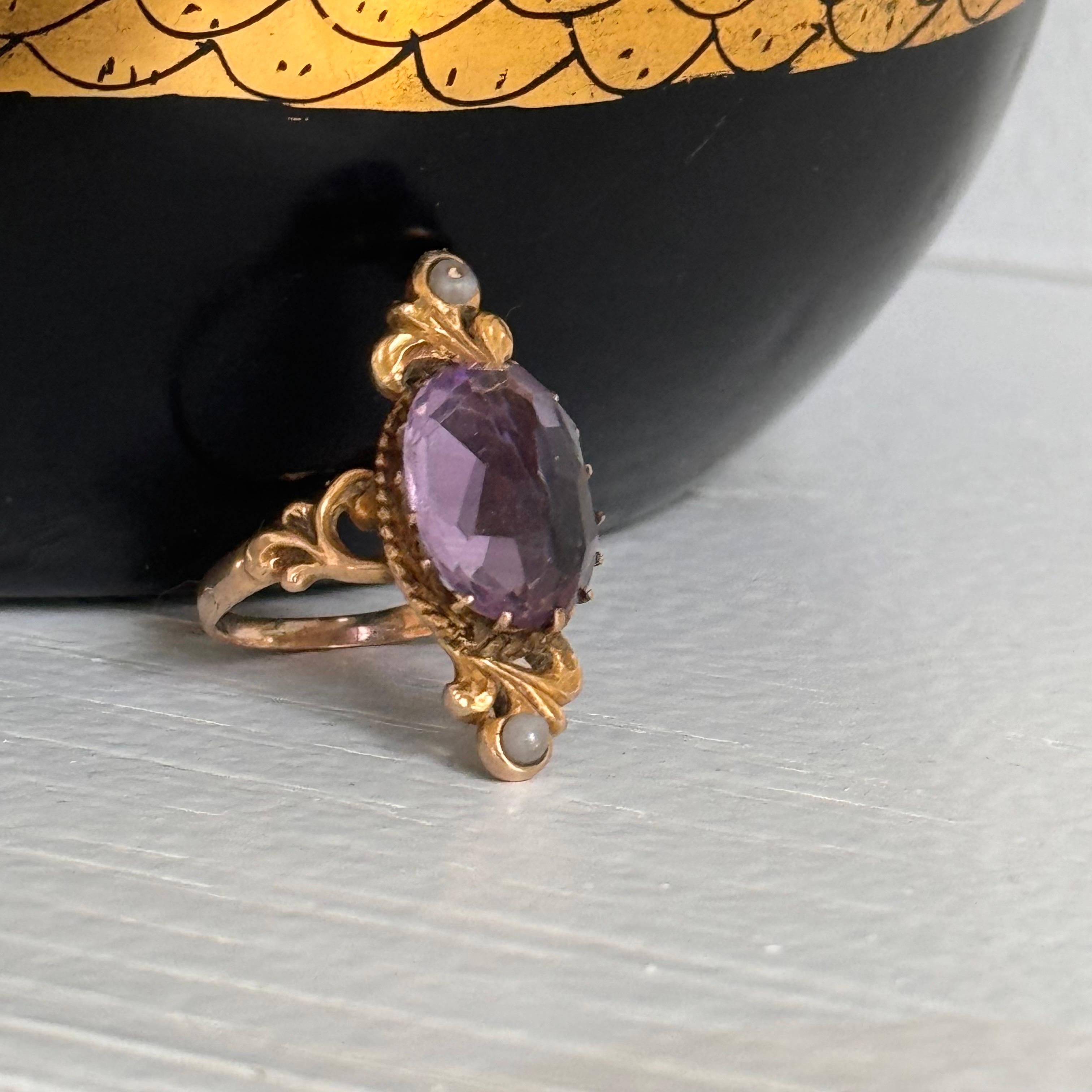 Cabochon Antique Victorian 14kt Gold Amethyst & Seed Pearl Ring, Size 6 For Sale