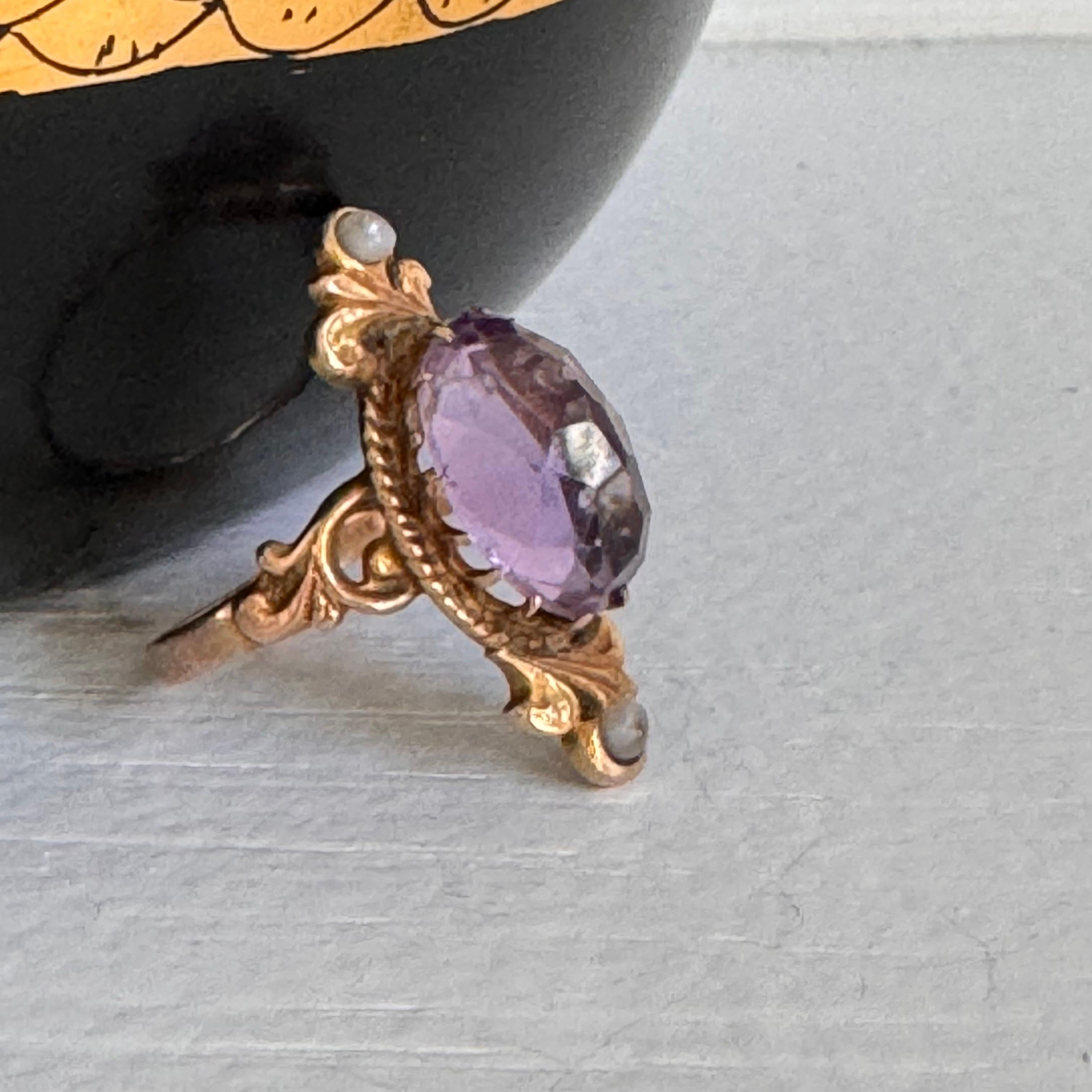 Women's Antique Victorian 14kt Gold Amethyst & Seed Pearl Ring, Size 6 For Sale
