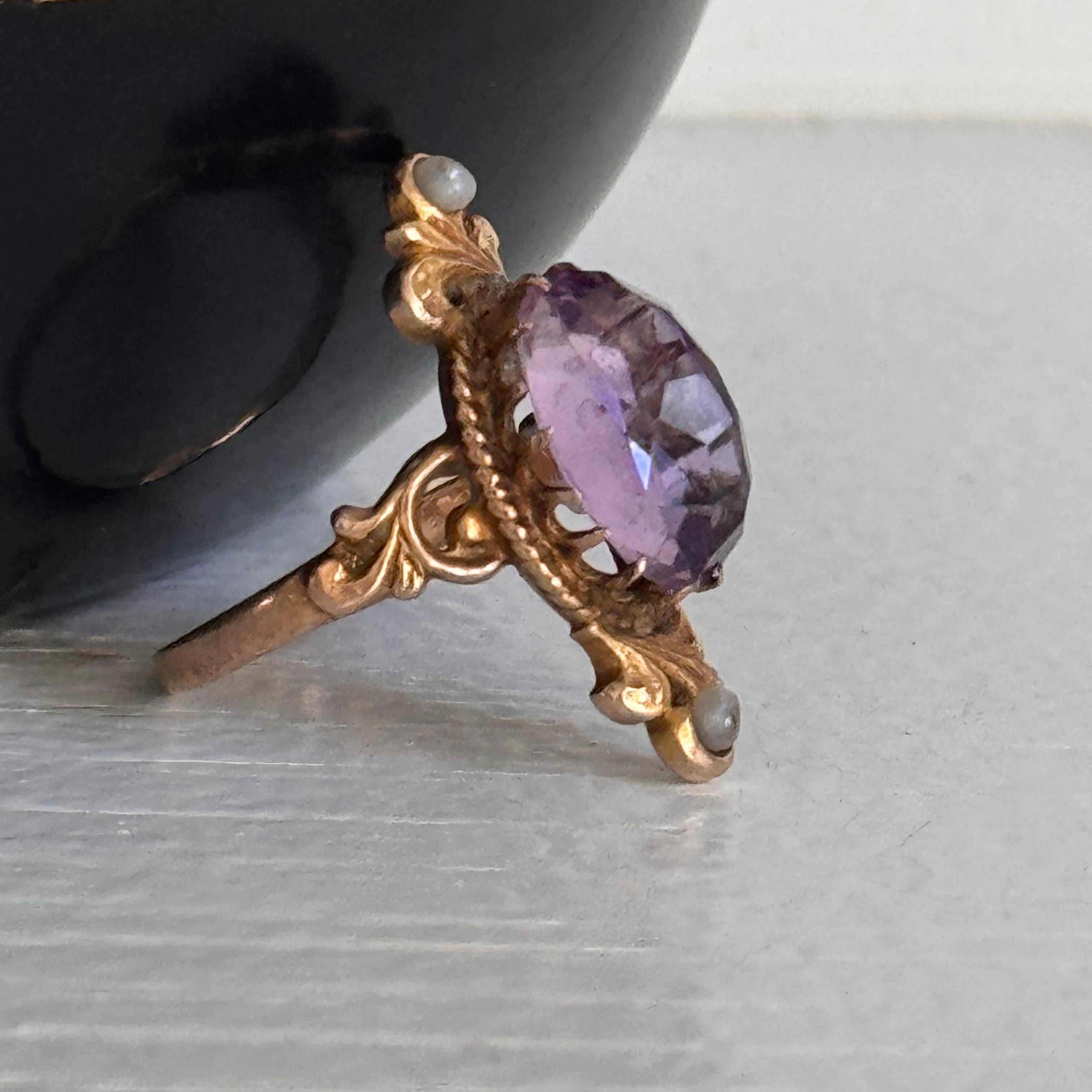 Antique Victorian 14kt Gold Amethyst & Seed Pearl Ring, Size 6 For Sale 1
