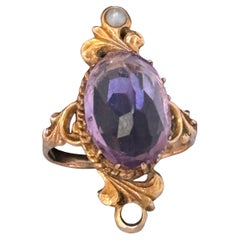 Antique Victorian 14kt Gold Amethyst & Seed Pearl Ring, Size 6