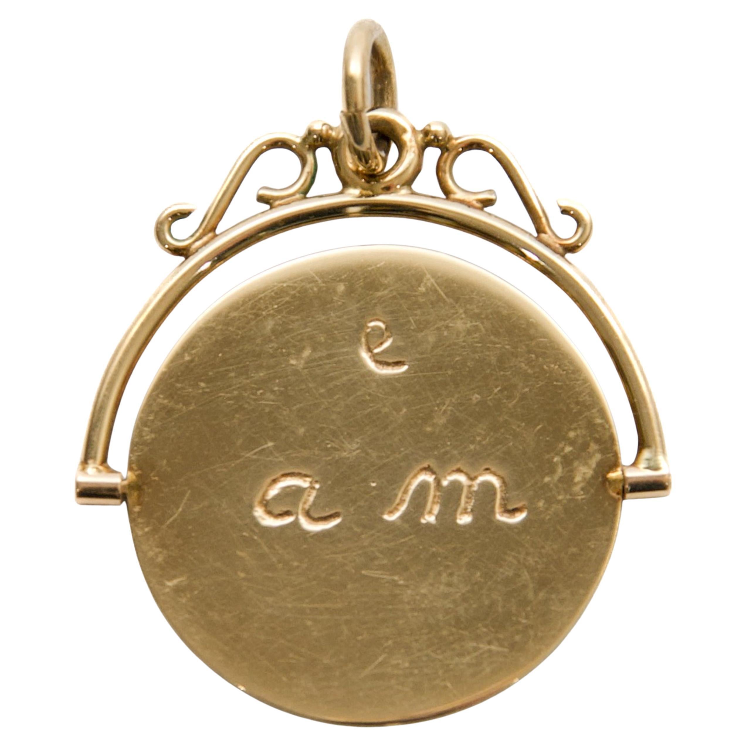 Antique Victorian 14kt Gold “Je t’aime” Spinner Pendant, Engraved Love Token