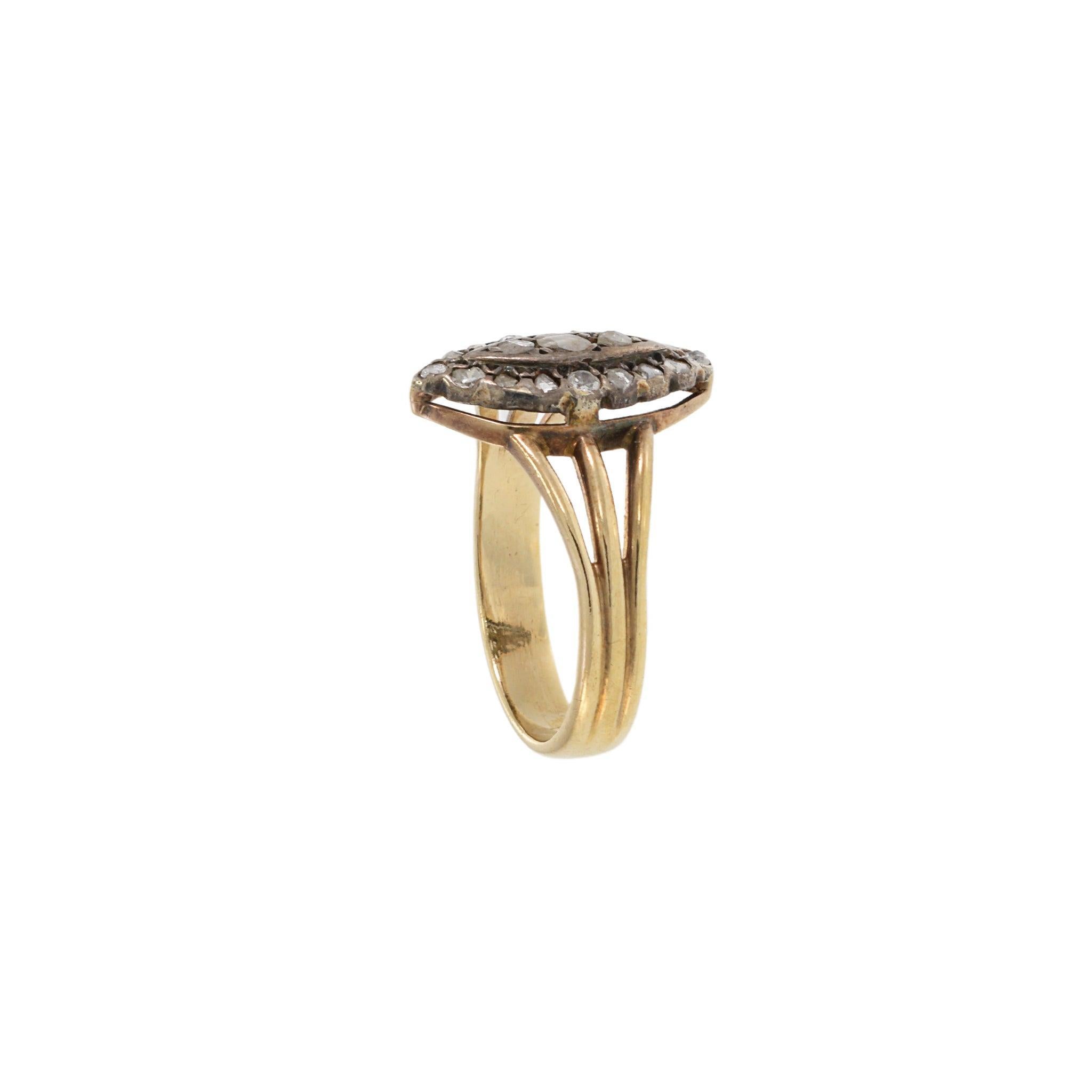 Victorien Ancienne bague victorienne en or 14KT et argent avec diamant taillé en rose et en forme de marquise en vente