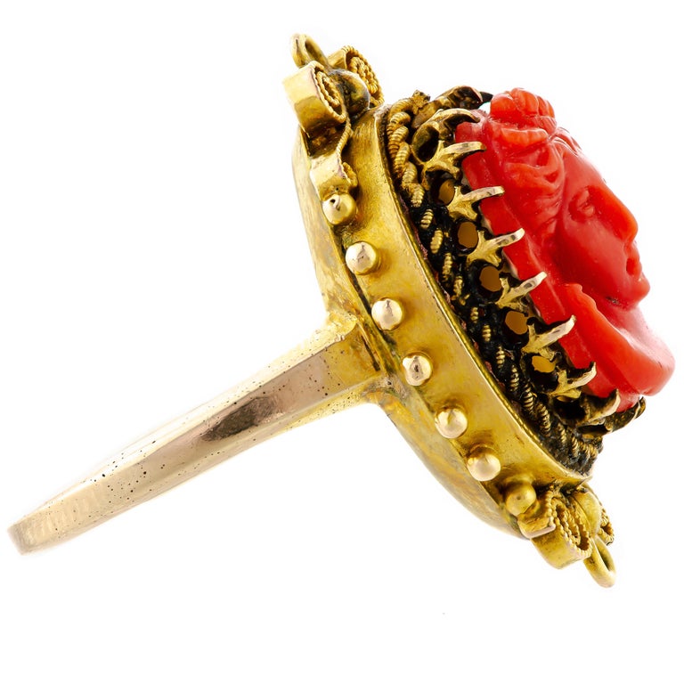 Bague Victorienne Ancienne En Or Rouge 14k (585) Avec Camée Grenat - Taille 55 - XIXe Siècle